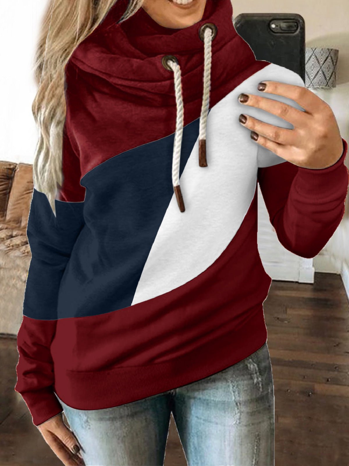 Women's Hoodies Tricolor Paneled Drawstring Long Sleeve Hoody - LuckyFash™