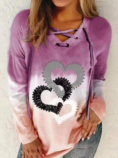 Women's Hoodies V-Neck Drawstring Gradient Color Heart Print Hoodie - LuckyFash™