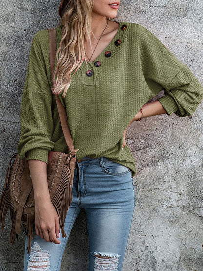 Hoodies V Neck Loose Knitted Button Sweatshirt - LuckyFash™