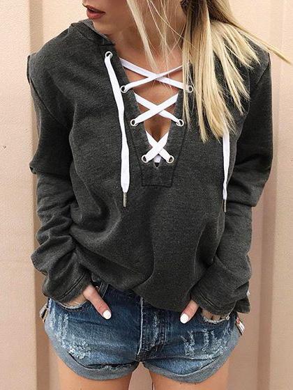 Women's Hoodies V-Neck Tie Long Sleeve Casual Hoodie - LuckyFash™