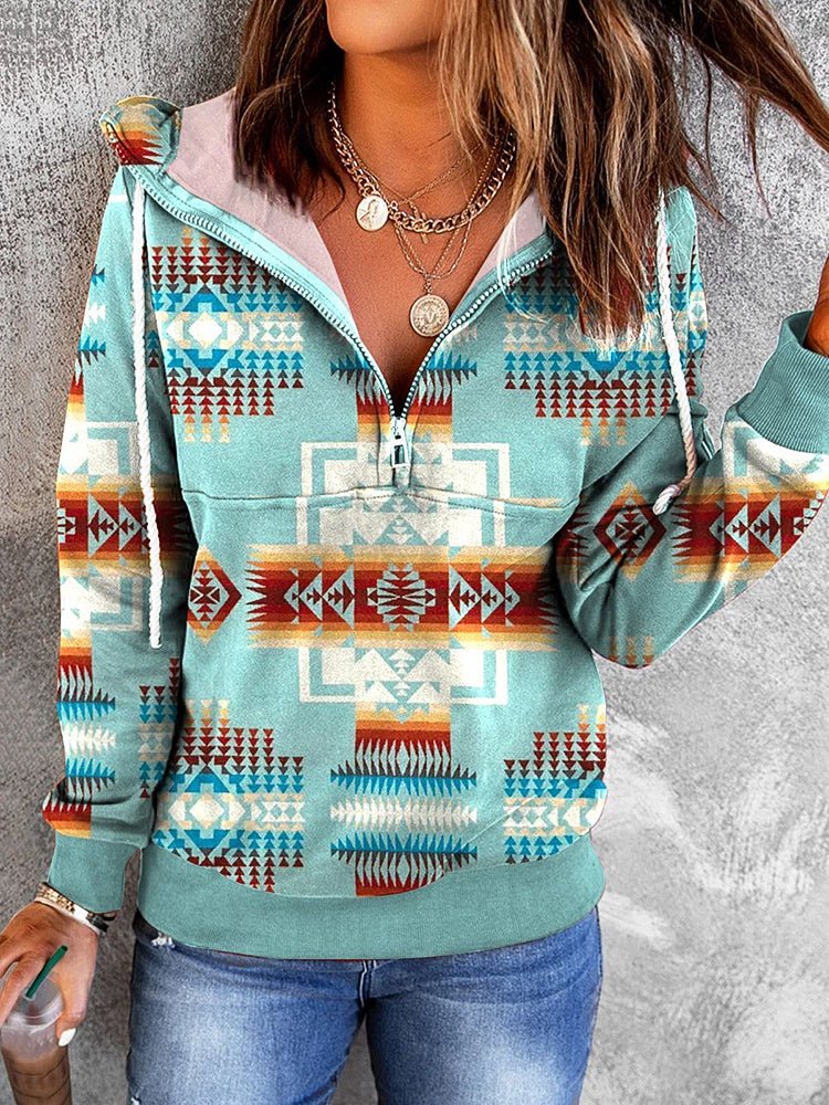 Hoodies Vintage Print Half-Zip Long Sleeve Hoody - LuckyFash™