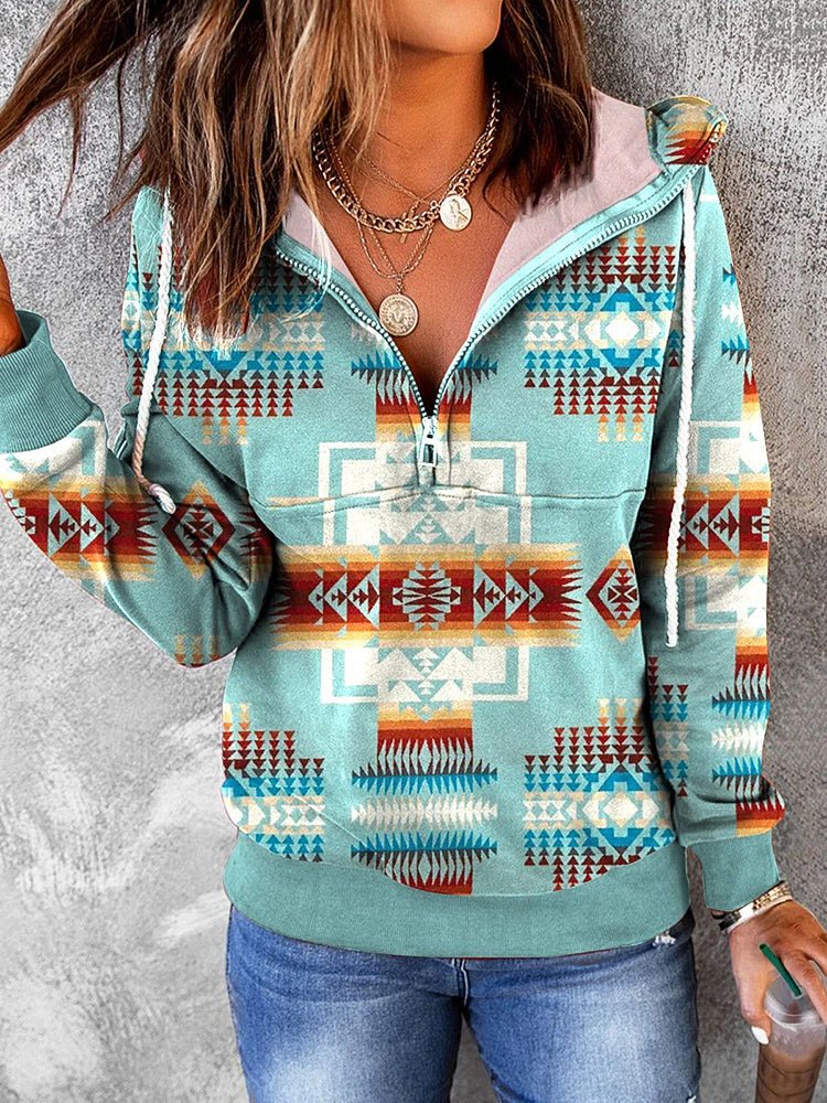 Hoodies Vintage Print Half-Zip Long Sleeve Hoody - LuckyFash™