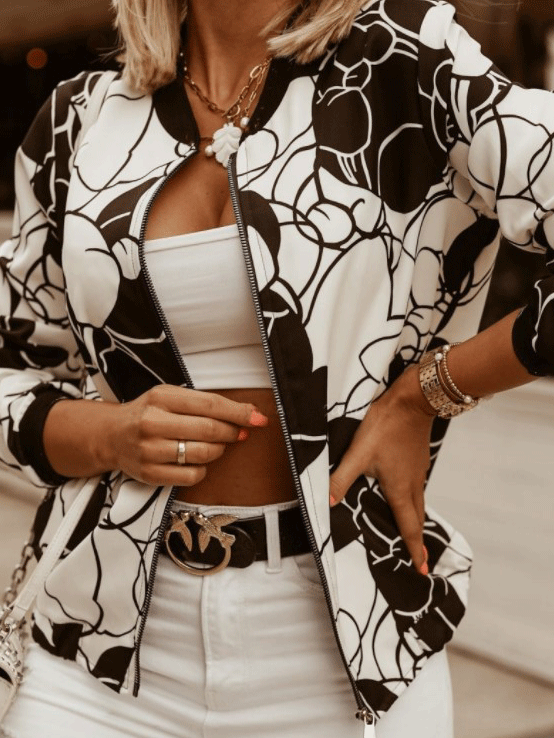 Women's Jackets Black And White Print Slim Long Sleeve Cropped Jacket - LuckyFash™