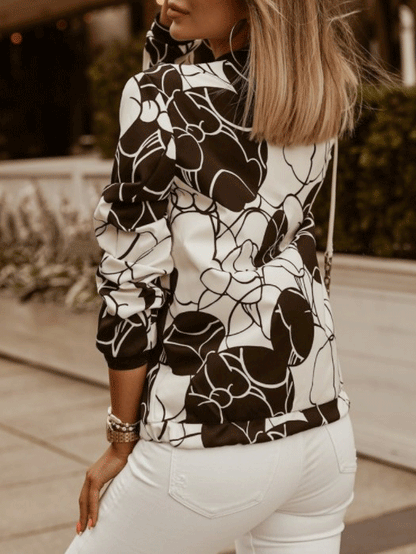 Women's Jackets Black And White Print Slim Long Sleeve Cropped Jacket - LuckyFash™