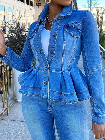 Women's Jackets Button Ruffle Long Sleeve Denim Jacket - LuckyFash™