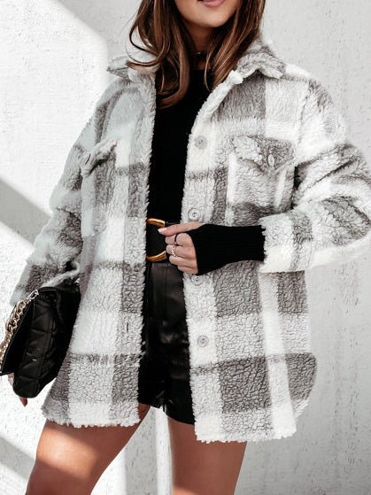 Women's Jackets Check Double Pocket Long Sleeve Plush Jacket - LuckyFash™