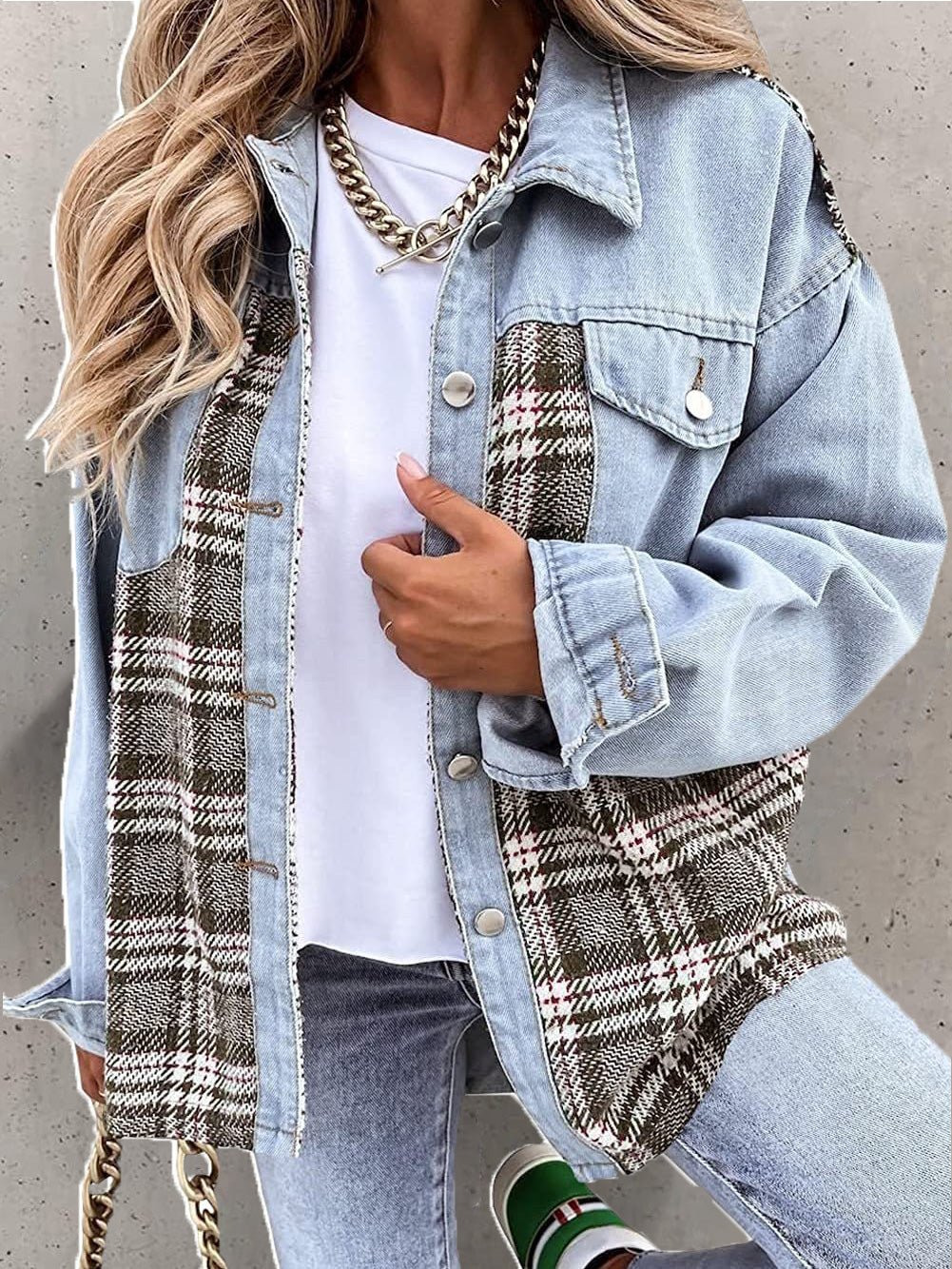 Women's Jackets Check Panel Button Long Sleeve Denim Jacket - LuckyFash™
