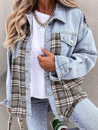 Women's Jackets Check Panel Button Long Sleeve Denim Jacket - LuckyFash™