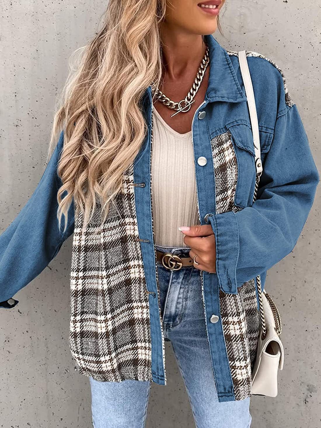 Women's Jackets Check Panel Button Long Sleeve Denim Jacket - LuckyFash™