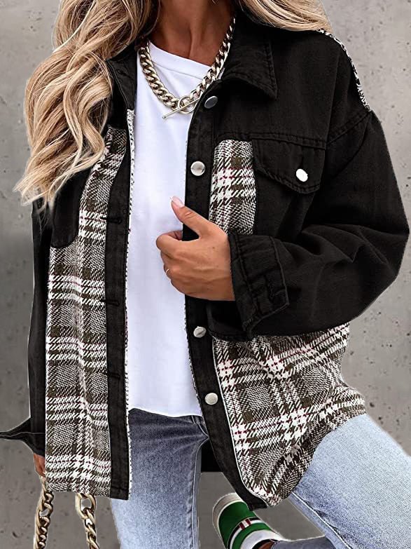 Women's Jackets Check Panel Button Long Sleeve Denim Jacket - LuckyFash™