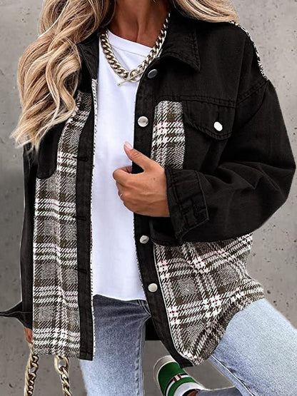 Women's Jackets Check Panel Button Long Sleeve Denim Jacket - LuckyFash™