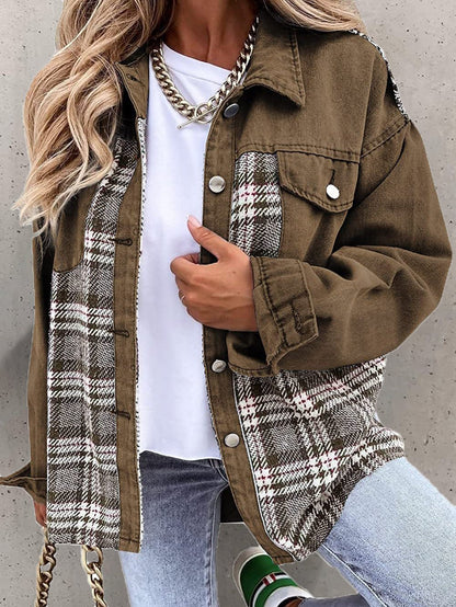 Women's Jackets Check Panel Button Long Sleeve Denim Jacket - LuckyFash™