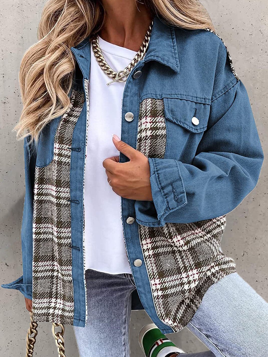 Women's Jackets Check Panel Button Long Sleeve Denim Jacket - LuckyFash™