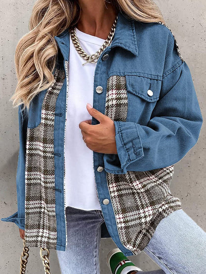 Women's Jackets Check Panel Button Long Sleeve Denim Jacket - LuckyFash™