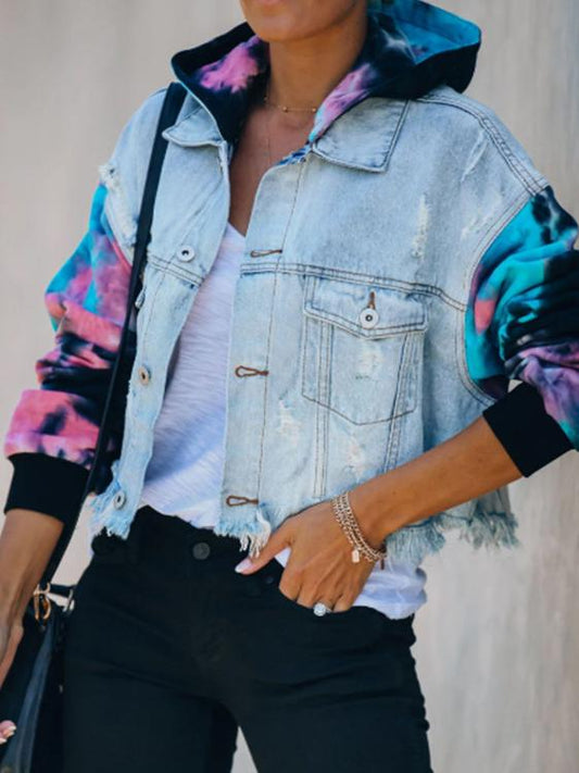 Women's Jackets Colorblock Tie-Dye Ripped Fringed Denim Jacket - LuckyFash™