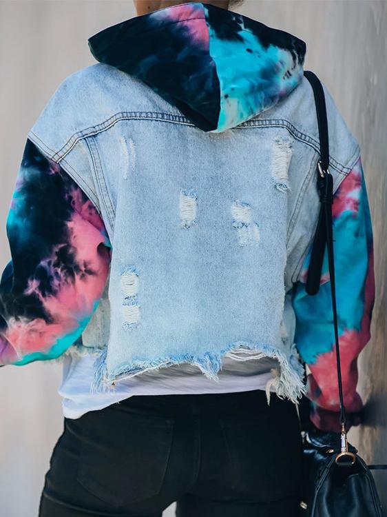 Women's Jackets Colorblock Tie-Dye Ripped Fringed Denim Jacket - LuckyFash™