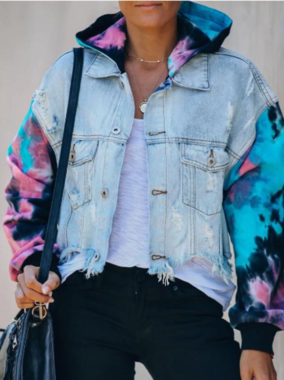 Women's Jackets Colorblock Tie-Dye Ripped Fringed Denim Jacket - LuckyFash™