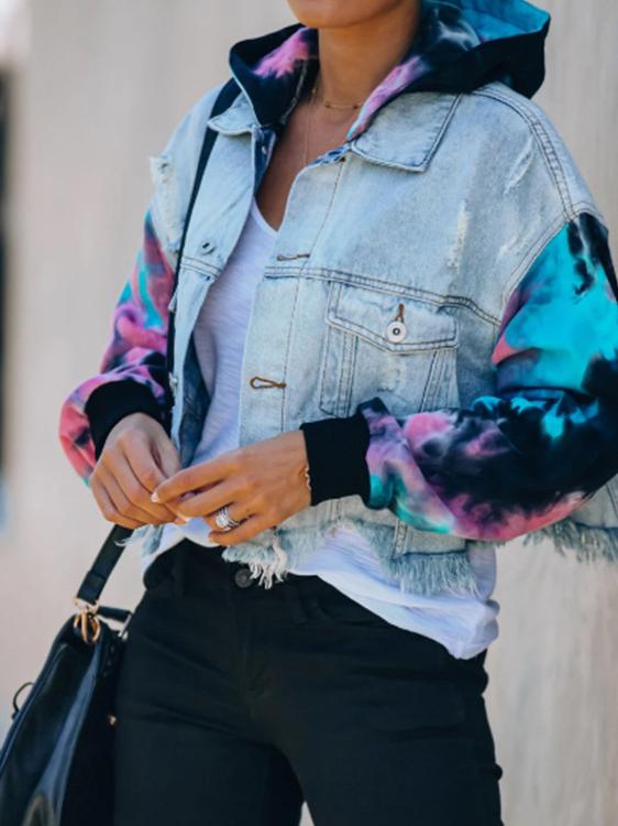 Women's Jackets Colorblock Tie-Dye Ripped Fringed Denim Jacket - LuckyFash™