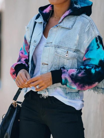 Women's Jackets Colorblock Tie-Dye Ripped Fringed Denim Jacket - LuckyFash™