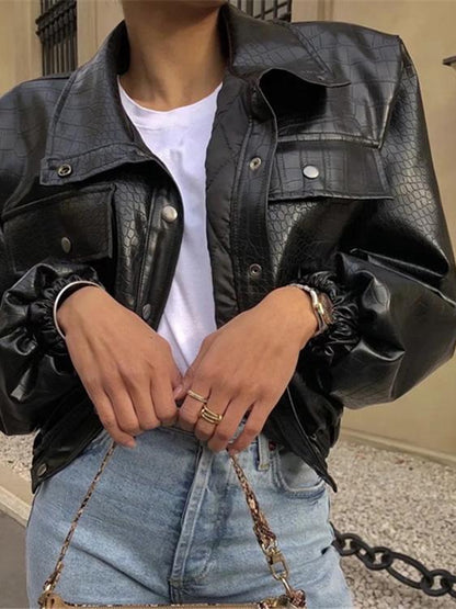 Women's Jackets Crocodile Pattern Button Pocket Short PU Leather Jacket - LuckyFash™