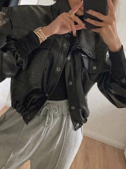 Women's Jackets Crocodile Pattern Button Pocket Short PU Leather Jacket - LuckyFash™