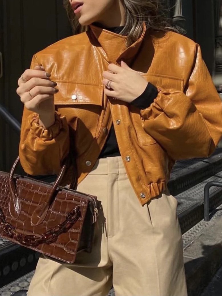 Women's Jackets Crocodile Pattern Button Pocket Short PU Leather Jacket - LuckyFash™