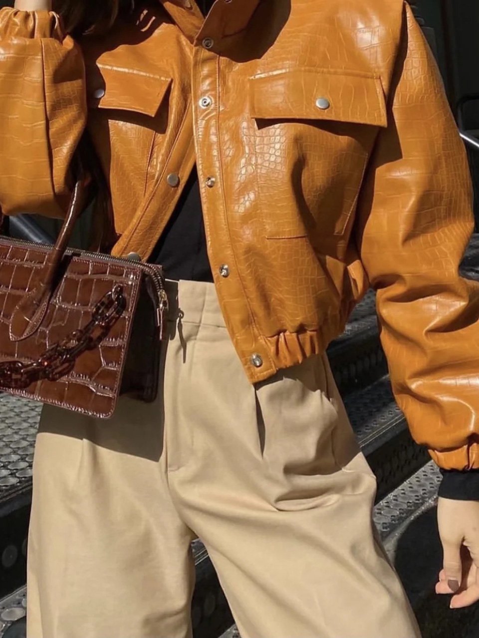 Women's Jackets Crocodile Pattern Button Pocket Short PU Leather Jacket - LuckyFash™