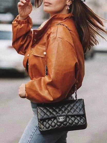 Women's Jackets Crocodile Pattern Button Pocket Short PU Leather Jacket - LuckyFash™