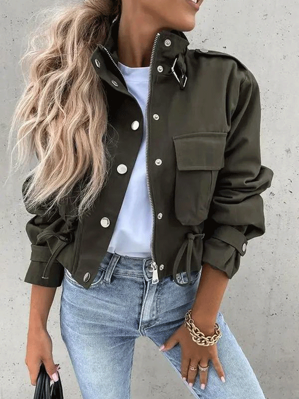 Women's Jackets Drawstring Pocket Zipper Buckle Cropped Jacket - LuckyFash™