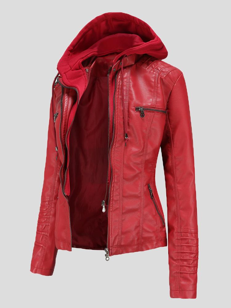 Women's Jackets Hooded Zipper Detachable Pu Leather Jacket - LuckyFash™
