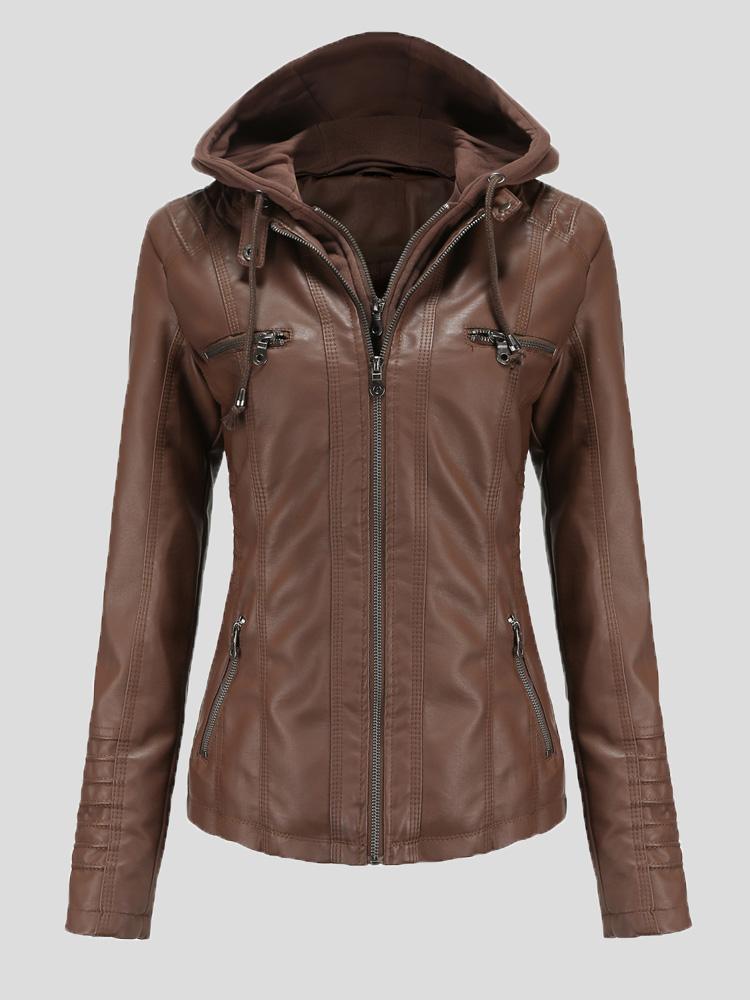 Women's Jackets Hooded Zipper Detachable Pu Leather Jacket - LuckyFash™