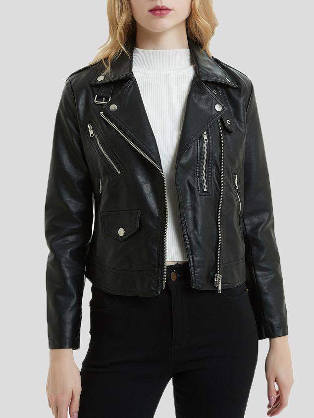Women's Jackets Lapel Collar Button Motorcycle PU Short Leather Jacket - LuckyFash™