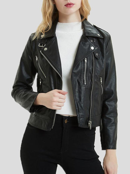 Women's Jackets Lapel Collar Button Motorcycle PU Short Leather Jacket - LuckyFash™
