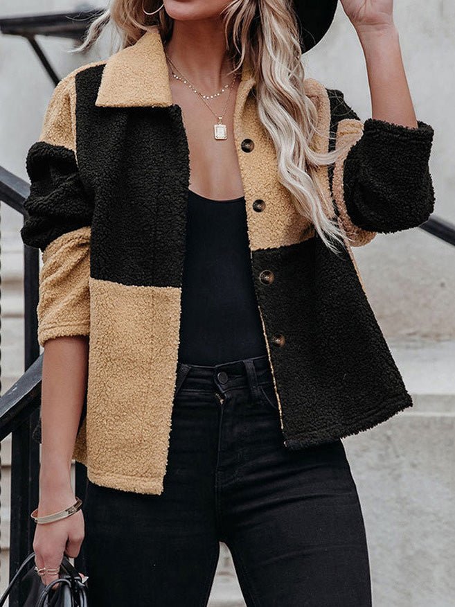 Women's Jackets Lapel Contrast Panel Long Sleeve Woolen Jacket - LuckyFash™
