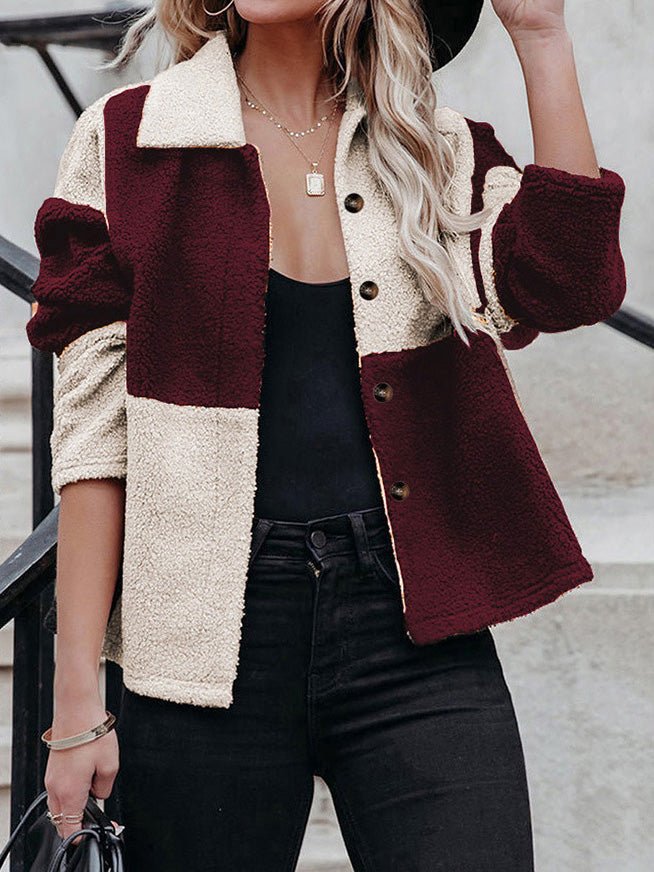 Women's Jackets Lapel Contrast Panel Long Sleeve Woolen Jacket - LuckyFash™