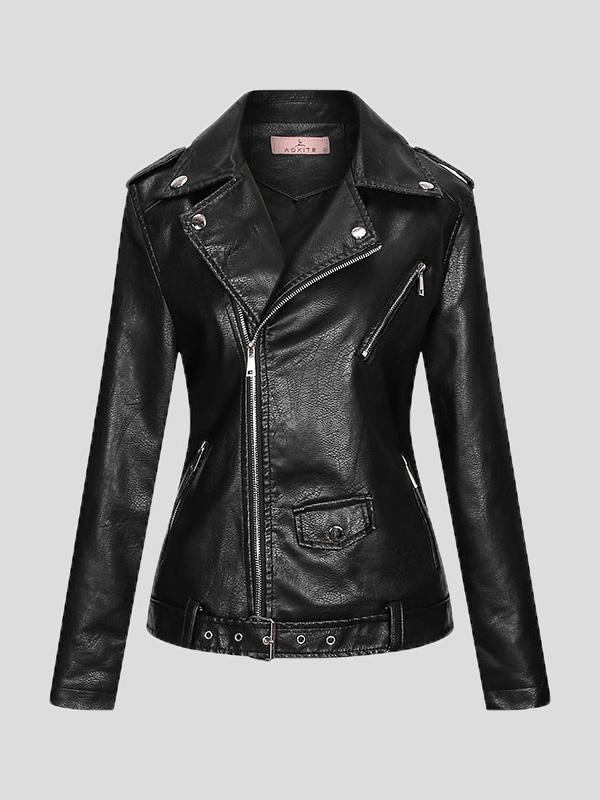 Women's Jackets Lapel Slim Zipper Temperament Pu Leather Jacket - LuckyFash™