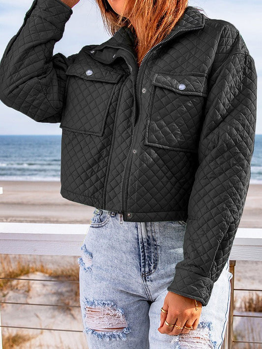 Women's Jackets Lapel Zip Long Sleeve Cropped Jacket - LuckyFash™