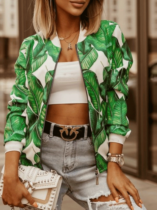 Women's Jackets Leaf Print Slim Long Sleeve Cropped Jacket - LuckyFash™