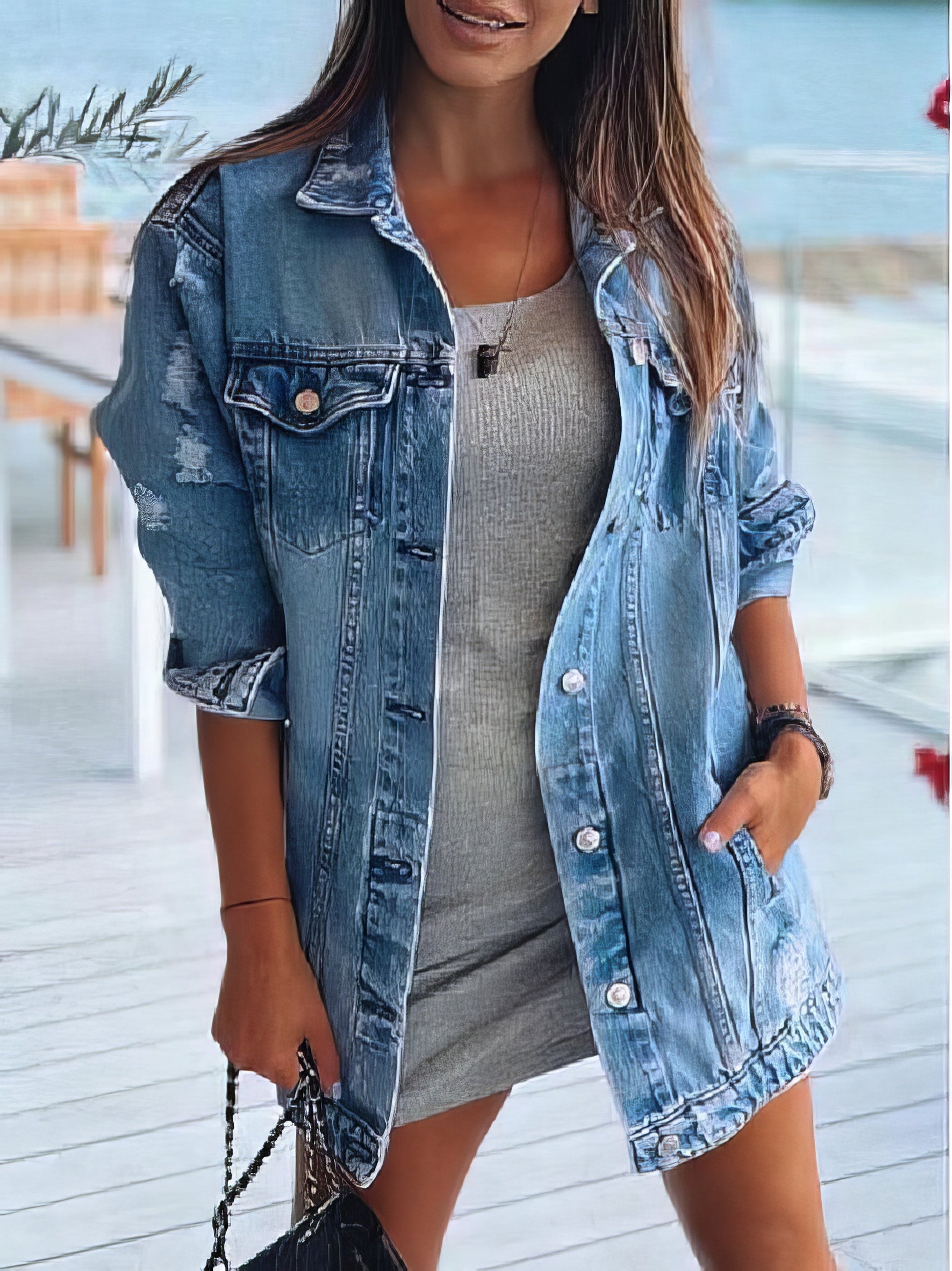 Women's Jackets Long Sleeve Lapel Pocket Ripped Denim Jacket - LuckyFash™