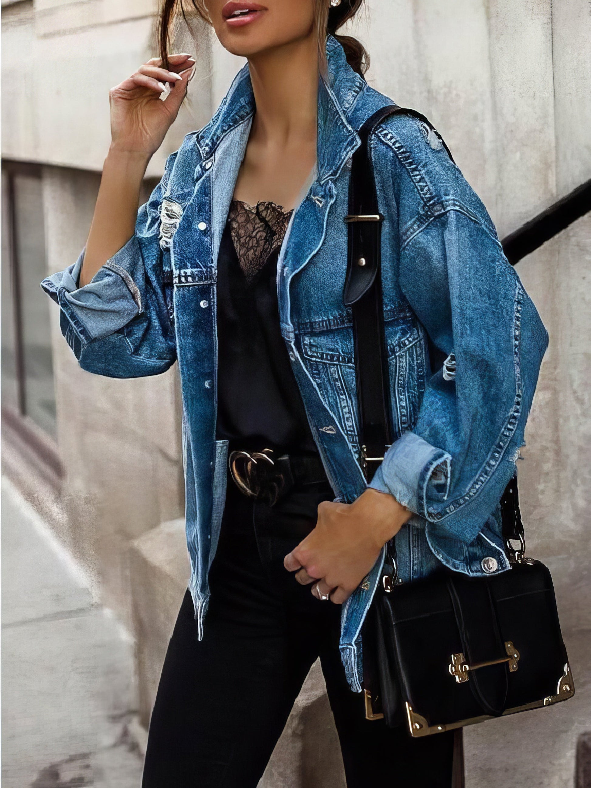 Women's Jackets Long Sleeve Lapel Pocket Ripped Denim Jacket - LuckyFash™