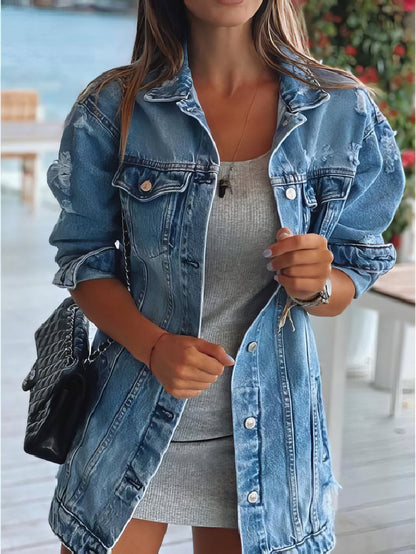 Women's Jackets Long Sleeve Lapel Pocket Ripped Denim Jacket - LuckyFash™