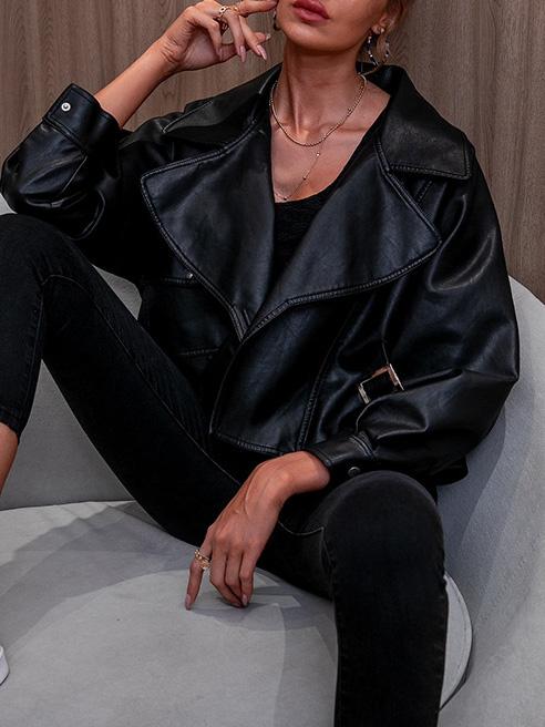 Women's Jackets Loose Lapel Long Sleeve PU Leather Jacket - LuckyFash™