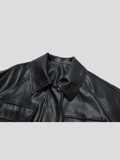 Women's Jackets Loose Retro Pocket Belt PU Leather Jacket - LuckyFash™