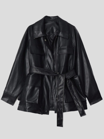 Women's Jackets Loose Retro Pocket Belt PU Leather Jacket - LuckyFash™