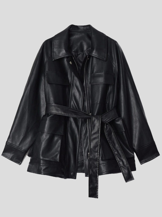 Women's Jackets Loose Retro Pocket Belt PU Leather Jacket - LuckyFash™