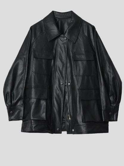 Women's Jackets Loose Retro Pocket Belt PU Leather Jacket - LuckyFash™