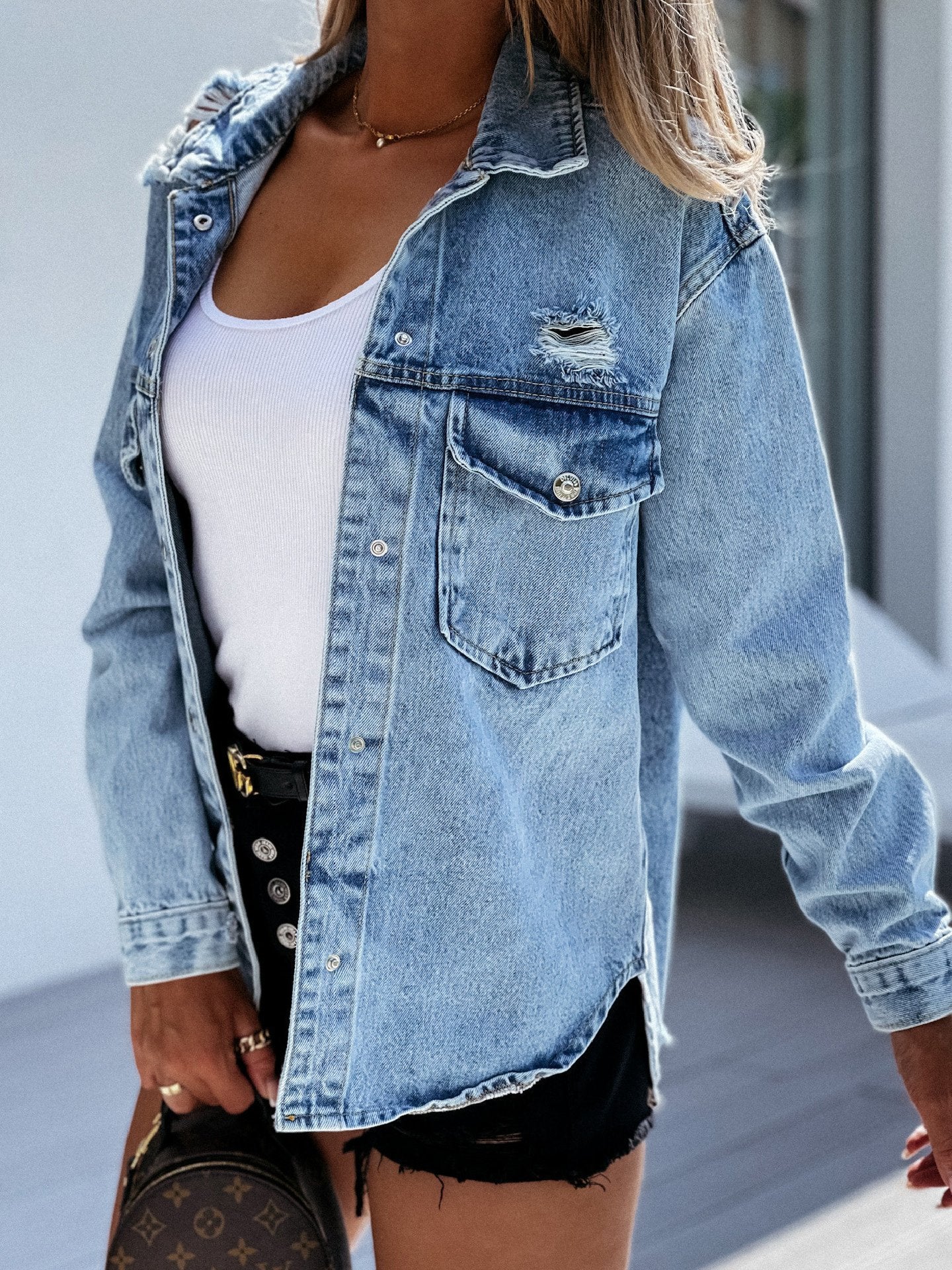 Women's Jackets Loose Washed Hole Long Sleeve Denim Jacket - LuckyFash™