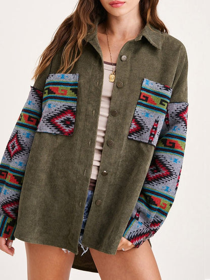 Jackets Panel Long Sleeve Printed Corduroy Jacket - LuckyFash™