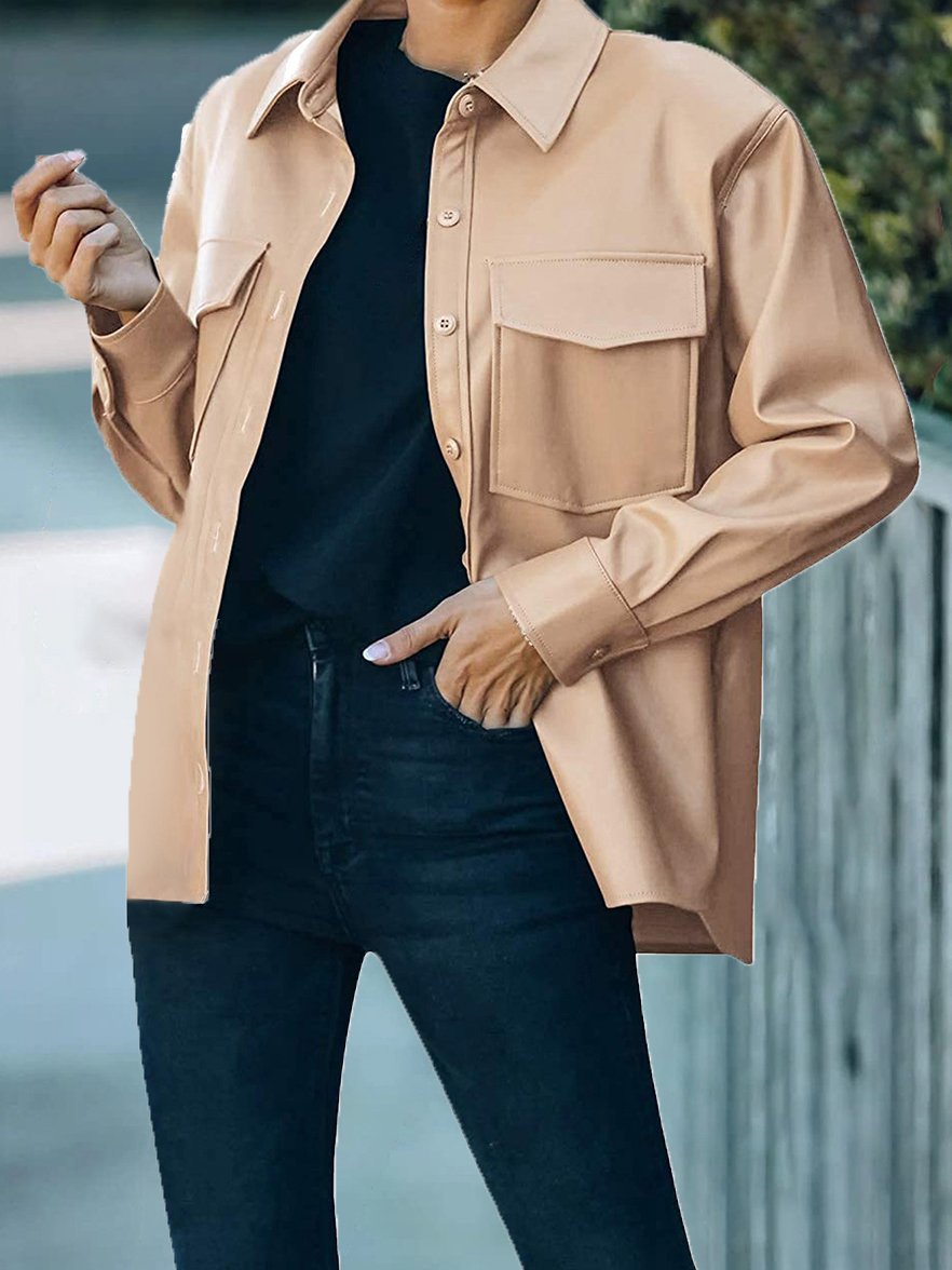 Women's Jackets Pocket Button Long Sleeve Leather Jacket - LuckyFash™