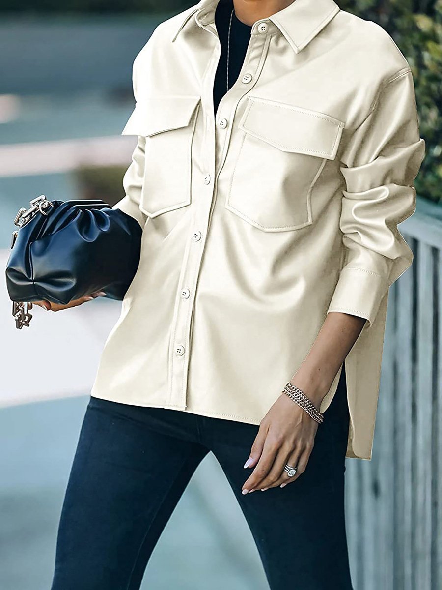 Women's Jackets Pocket Button Long Sleeve Leather Jacket - LuckyFash™